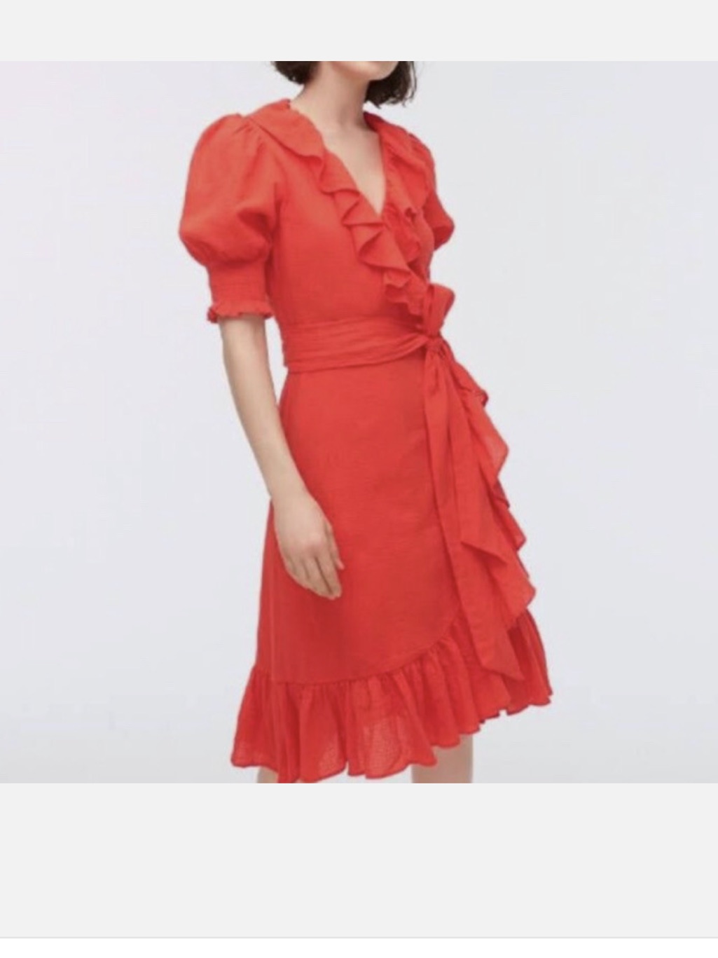 J. Crew Dress Womens Red Ruffle Wrap Midi Classic Puff Sleeve Lined Cotton Sz S